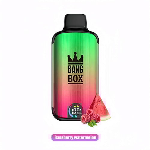 Colorful vape device labeled "Bang Box," featuring a gradient design with watermelon and raspberry imagery, and text "Raspberry Watermelon."