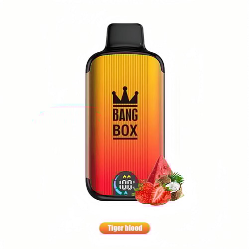 A disposable vape device labeled "BANG BOX" with a gradient orange and red design, featuring the flavor "Tiger Blood" represented by images of strawberry, watermelon, and coconut.