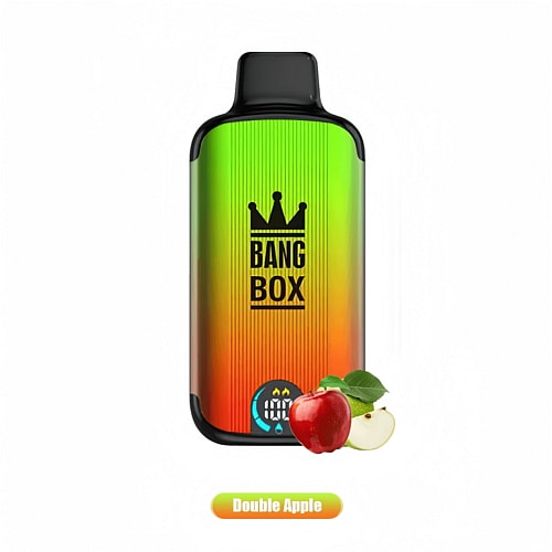 A colorful vape device labeled "Bang Box" with a double apple flavor.