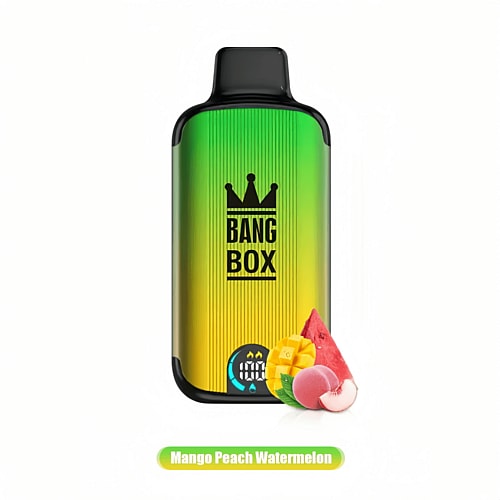 Disposable vape device with a gradient green and yellow body, labeled "Bang Box," featuring mango, peach, and watermelon flavors depicted at the base.