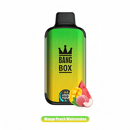 Dispositivo per svapare usa e getta con corpo verde e giallo sfumato, etichettato "Bang Box", con i gusti mango, pesca e anguria raffigurati sulla base.