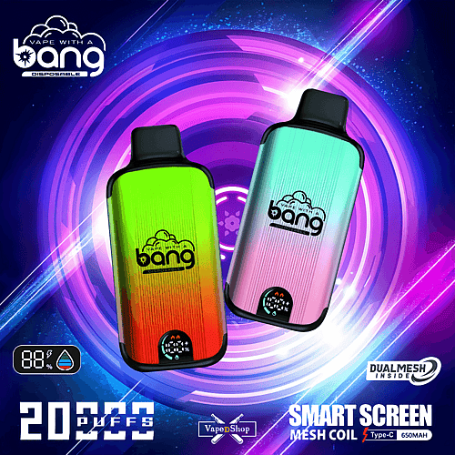Dos dispositivos de vapeo desechables de colores con el logotipo "Bang" sobre un fondo vibrante y futurista; un dispositivo es verde y rojo, y el otro es rosa y azul. La imagen resalta características como "20000 bocanadas", "pantalla inteligente", "bobina de malla dual" y "carga tipo C".