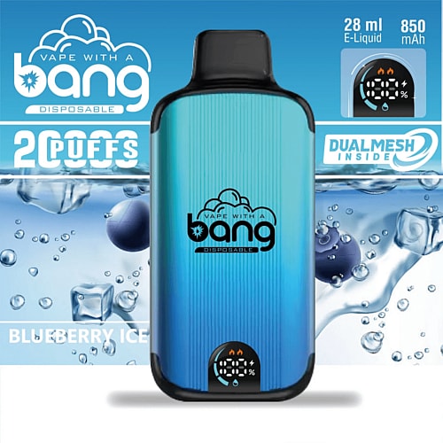 Blue disposable vape device with "Vape with a Bang" branding, featuring a blueberry ice flavor, 2000 puffs, 28 ml e-liquid, and an 850 mAh battery with a dual mesh coil.