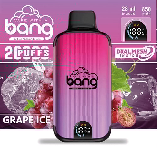 Disposable vape device with a pink and purple gradient design labeled "Vape With A Bang." Features include "Grape Ice" flavor, 28ml e-liquid, 850mAh battery, dual mesh technology, and a screen showing 100% charge.
