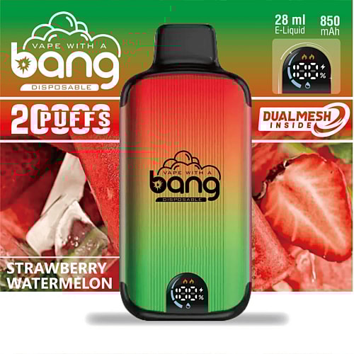 Colorful disposable vape device with "Vape with a Bang" logo, strawberry and watermelon imagery, 2500 puffs, indicating 28ml e-liquid, 850mAh battery, and dual mesh technology.
