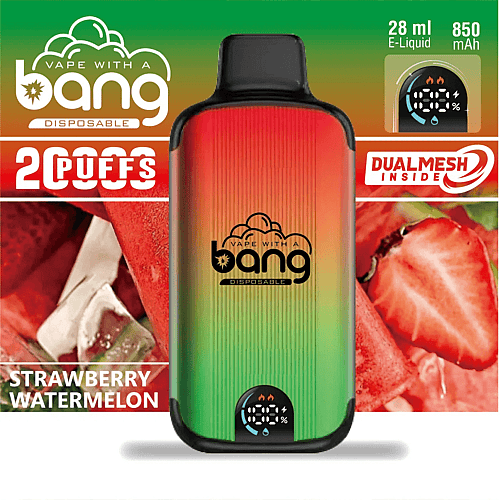 Färgglad engångsvape-enhet med "Vape with a Bang"-logotyp, jordgubbs- och vattenmelonbilder, 2 500 puffar, som indikerar 28 ml e-vätska, 850 mAh batteri och dual mesh-teknik.
