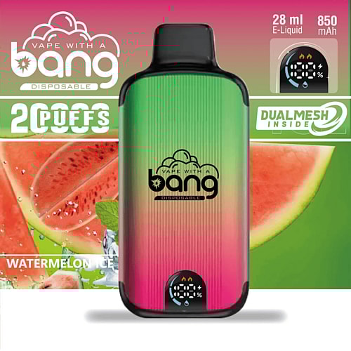 Disposable vape device with a gradient color design, labeled "Vape with a Bang" featuring watermelon slices and ice cubes in the background, 28ml e-liquid, 850mAh battery, and dual mesh coil.