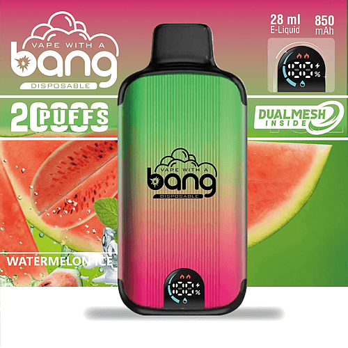 Vape-enhet för engångsbruk med en gradientfärgad design, märkt "Vape with a Bang" med vattenmelonskivor och isbitar i bakgrunden, 28 ml e-vätska, 850 mAh batteri och dubbel mesh-spole.