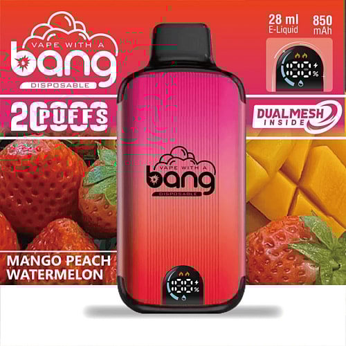 Mango peach watermelon-flavored disposable vape with 28 ml e-liquid, 850 mAh battery, dual mesh technology, and 2 puffs capacity.