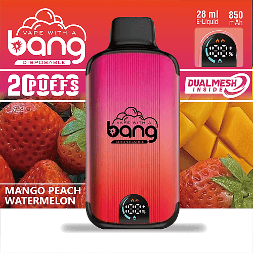 Mango persika vattenmelon-smaksatt engångsvape med 28 ml e-vätska, 850 mAh batteri, dual mesh-teknik och kapacitet för 2 puffar.