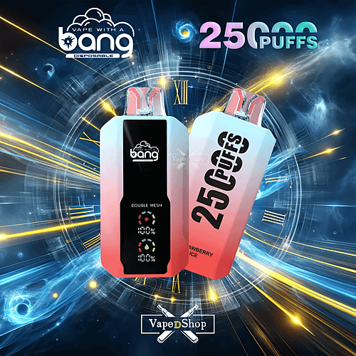 Productos de vapeo con la marca "bang", que incluyen el texto "25 000 bocanadas" y un fondo futurista de temática cósmica.