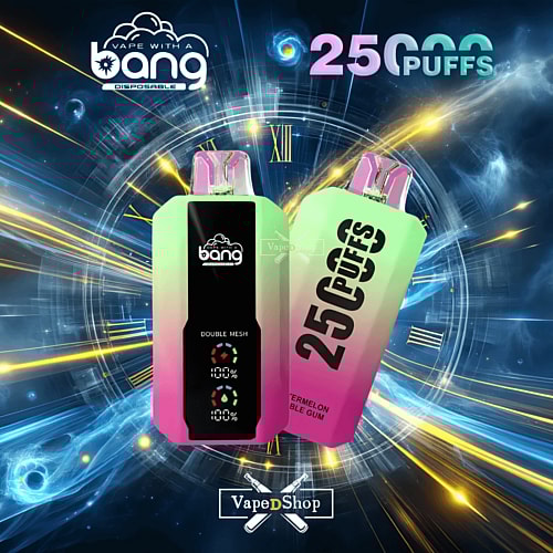 Bang disposable vape with a gradient design, showing "25,000 Puffs" text, and a digital battery indicator, against a futuristic background.