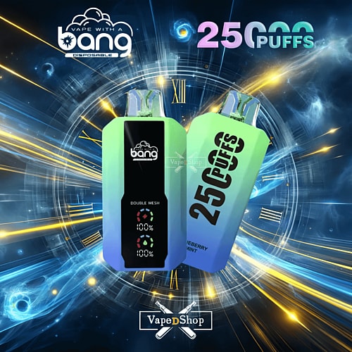 Disposable vape device with "bang" branding, showcasing a "Double Mesh" feature, displaying 25,000 puffs, with a cosmic-themed background.