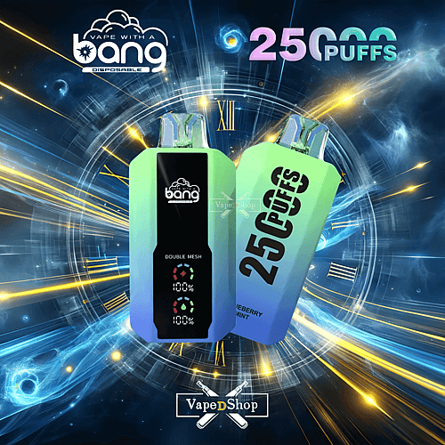 Wegwerp-vape-apparaat met "bang"-merk, voorzien van een "Double Mesh"-functie, goed voor 25.000 trekjes en een kosmische achtergrond.