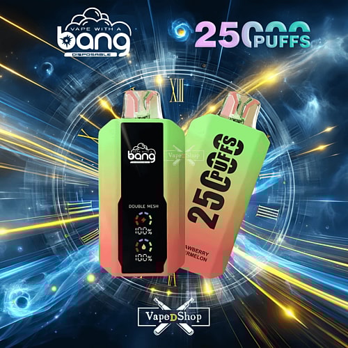 Bang disposable vape with "25,000 puffs" text, featuring two colorful vape devices labeled "Double Mesh" and "Strawberry Watermelon," set against a cosmic background with glowing blue and yellow lines and a "VapeDShop" logo.