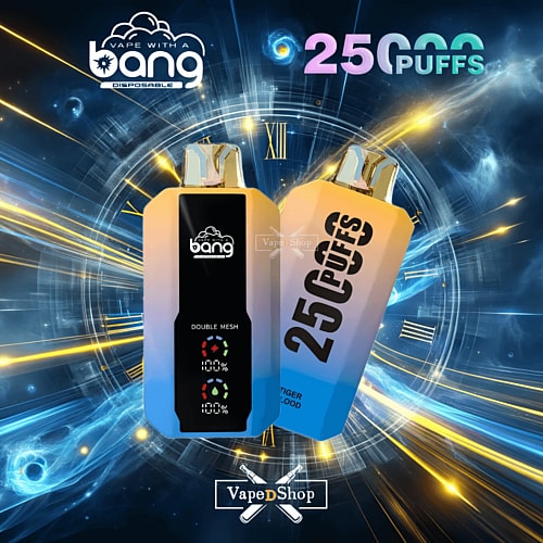 Bang disposable vape devices featuring "25,000 puffs" branding, with a futuristic background of glowing lines and clock imagery.