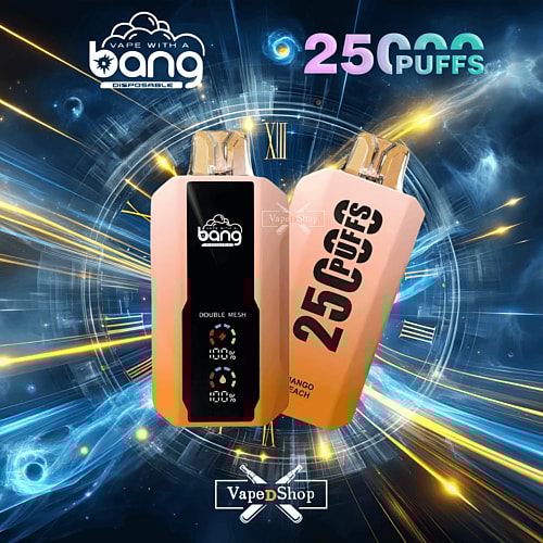 Vape with a Bang disposable device showcasing "25000 Puffs" with a digital display and branding in a futuristic background.