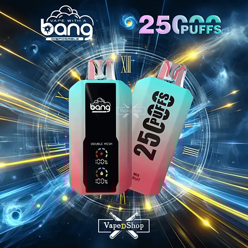 Bang disposable vape featuring a "Mix Fruit" flavor, with "25,000 Puffs" prominently displayed on the device, set against a futuristic, cosmic-themed background with clocks and swirling lights.