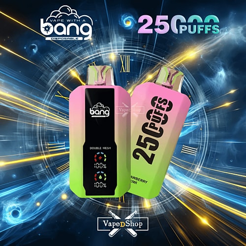 Image of two colorful vape devices labeled "Bang Disposable" with text "25,000 PUFFS" and "DOUBLE MESH," displayed on a cosmic background with a "VapeDShop" logo.