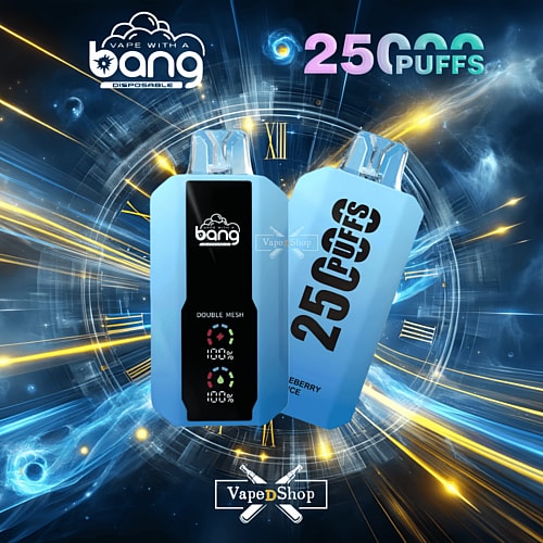 Two blue vape devices from the Bang brand, labeled "25,000 puffs," with digital screens, set against a futuristic background with glowing streaks of light and a clock face.
