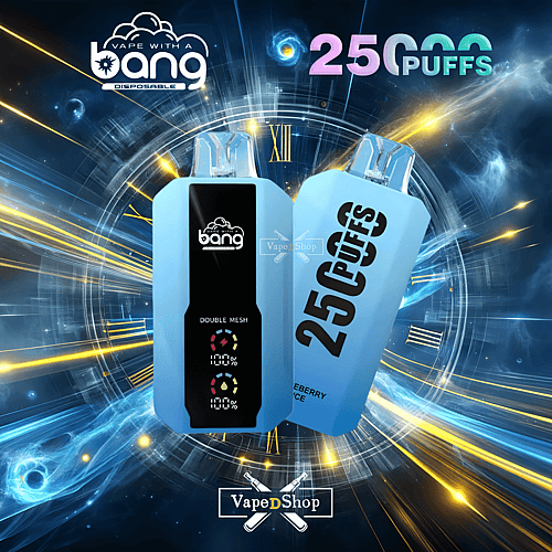Twee blauwe vape-apparaten van het merk Bang, met het label '25.000 puffs', met digitale schermen, tegen een futuristische achtergrond met gloeiende lichtstrepen en een wijzerplaat.