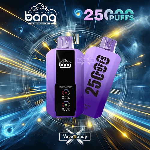 Purple disposable vape device branded "Bang" with "25,000 puffs" text and a digital display showing battery levels, set against a futuristic clock and energy background.