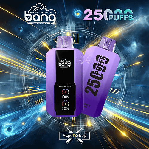 Paars wegwerp-vape-apparaat met het merk "Bang" en de tekst "25.000 trekjes" en een digitaal display dat de batterijstatus weergeeft, tegen een futuristische achtergrond met een klok en energie.