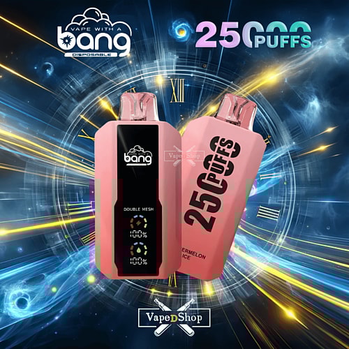 Two pink disposable vape devices labeled "bang" and "25,000 puffs" with digital displays showing battery and e-liquid levels, set against a futuristic background with clocks and swirling lights.