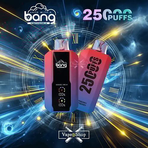 Bang disposable vape devices, featuring a sleek design with "25,000 puffs" text and branding, displayed against a futuristic, cosmic-themed background with the Vape D Shop logo.
