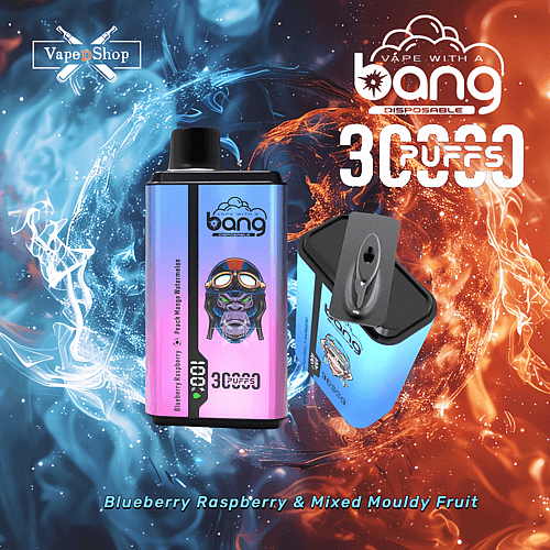Einweg-Vaporizer von Bang mit 30.000 Zügen und Aromen wie Blaubeere-Himbeere und gemischte schimmelige Früchte, präsentiert vor einem farbenfrohen Feuer- und Eis-Hintergrund.