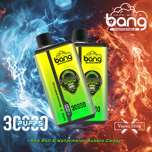 Due dispositivi monouso Bang con un design verde e giallo raffigurante un gorilla che indossa occhiali da sole, esposti su uno sfondo blu e rosso fuoco. Sono mostrati i testi "3000 Puffs" e "Red Bull & Watermelon Bubble Candy".