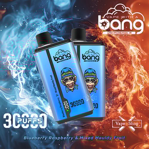 Bang vaporizzatore usa e getta da 3000 boccate al gusto di mirtillo, lampone e frutta mista ammuffita, caratterizzato dal logo di una scimmia stilizzata su uno sfondo di fumo blu e arancione.