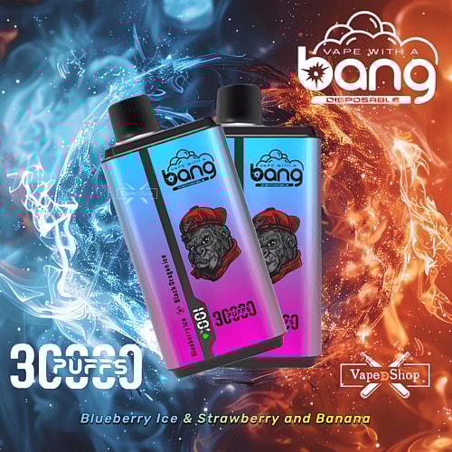 Dispositivi monouso Bang con un design colorato raffigurante un cane stilizzato che indossa un cappello rosso. Il testo evidenzia "3000 puffs" e i gusti "Blueberry Ice & Strawberry and Banana".
