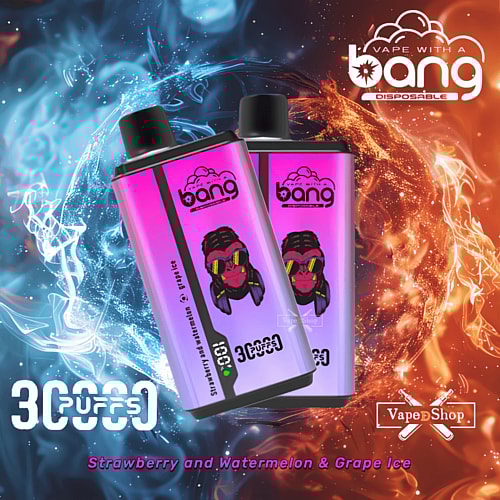 Un dispositivo per svapare usa e getta con marchio "bang", che offre 3000 boccate, nei gusti fragola e anguria e uva ghiacciata, sullo sfondo di un vorticoso fumo blu e arancione.