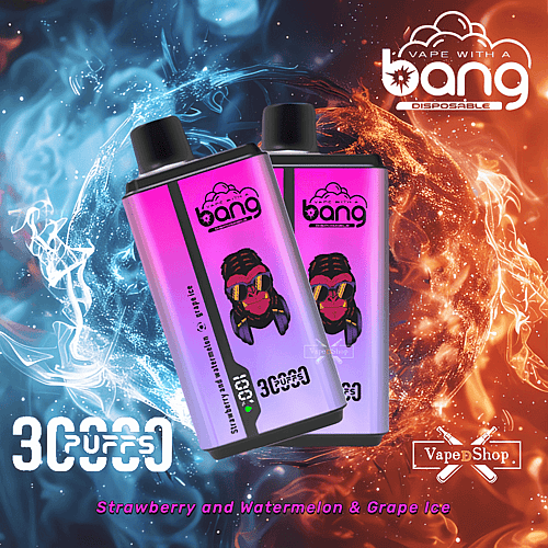 A disposable vape device with "bang" branding, offering 3000 puffs, in flavors of Strawberry and Watermelon & Grape Ice, set against a background of swirling blue and orange smoke.