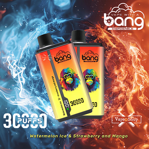 Due dispositivi di svapo monouso Bang con loghi colorati a forma di gorilla, che mostrano i gusti "3000 puffs" e "Watermelon Ice & Strawberry and Mango", su uno sfondo di fumo blu e arancione.