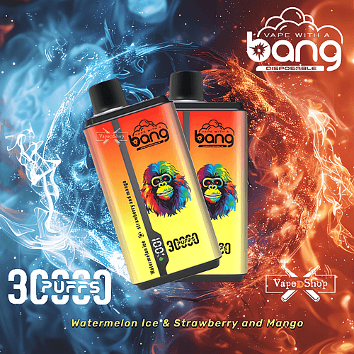 Two Bang disposable vape devices with colorful gorilla logos, displaying "3000 puffs" and "Watermelon Ice & Strawberry and Mango" flavors, set against a background of swirling blue and orange smoke.
