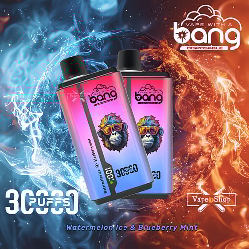 Dispositivo per svapare usa e getta con confezione colorata raffigurante una scimmia con occhiali da sole e un testo che indica 3000 boccate, gusti Watermelon Ice e Blueberry Mint.