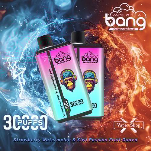 Dispositivi per svapare usa e getta Bang da 3000 boccate, dal design vivace che raffigura una scimmia con le cuffie, su uno sfondo di fumo blu e rosso.
