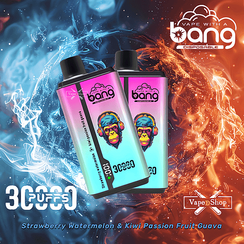 Bang disposable vape devices with 3000 puffs in a vibrant design featuring a monkey with headphones, displayed against a background of swirling blue and red smoke.
