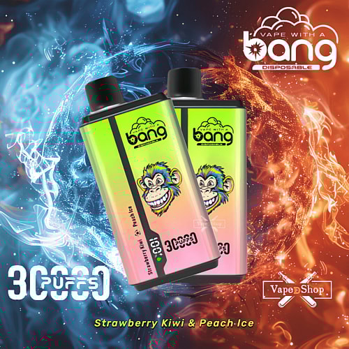 Due dispositivi per svapare colorati con il logo di una scimmia sono esposti su uno sfondo di fiamme blu e arancioni, con il testo che indica i gusti "3000 Puffs" e "Strawberry Kiwi & Peach Ice".