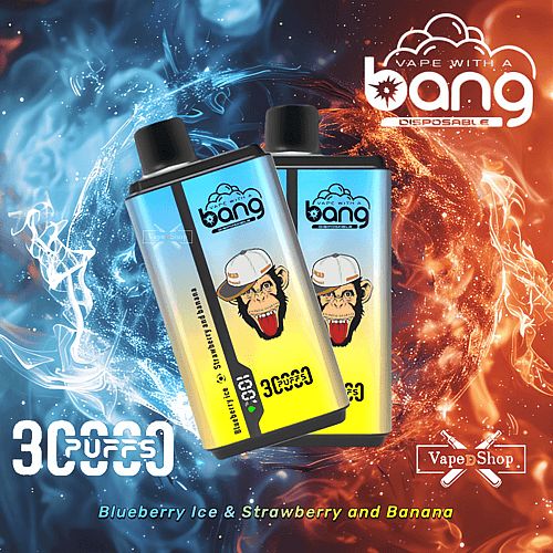 Bang disposable vape packaging with a monkey mascot, featuring the flavors "Blueberry Ice" and "Strawberry and Banana," against a background of contrasting blue ice and red fire elements.