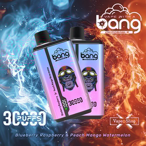 "Due colorati vaporizzatori monouso Bang con il logo di un gorilla, con 3000 boccate nei gusti mirtillo, lampone e pesca, mango, anguria, sullo sfondo di un vorticoso fumo blu e arancione."