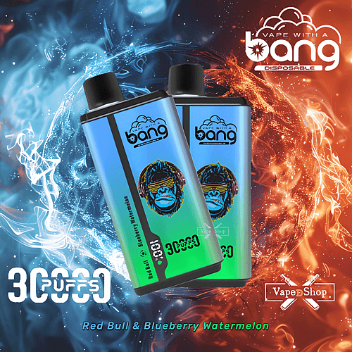 Two colorful vape devices with a gorilla logo are displayed against a background of swirling blue and orange smoke, with text indicating "30000 puffs" and "Red Bull & Blueberry Watermelon."