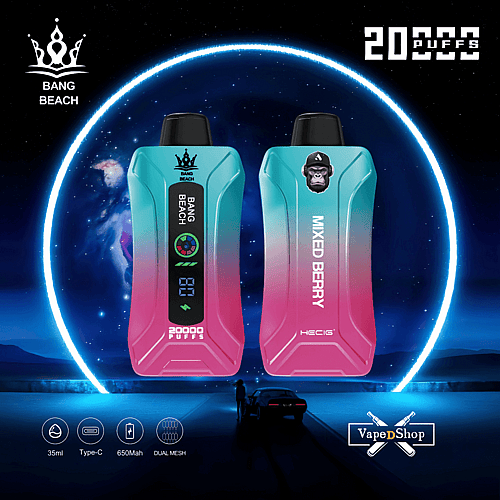 Zwei bunte Vape-Geräte mit den Aufschriften „Bang Beach“ und „Mixed Berry“ vor einem kosmischen Hintergrund mit leuchtenden Ringen und Details wie 20.000 Zügen, 35 ml, Typ-C-Laden, 650-mAh-Akku und Dual-Mesh-Technologie.