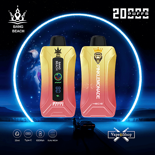 Zwei Vape-Geräte mit Farbverlauf mit den Aufschriften „Bang Beach“ und „Pink Lemonade“, die jeweils „20.000 Züge“ anzeigen. Die Geräte haben ein Fassungsvermögen von 35 ml, Typ-C-Ladefunktion, einen 650-mAh-Akku und Dual-Mesh-Technologie.