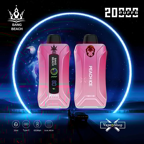 Two pink vape devices labeled "Bang Beach" and "Peach Ice" with a 20,000 puffs capacity, 650mAh battery, 35ml capacity, dual mesh technology, and Type-C charging, displayed in front of a futuristic neon-lit background.