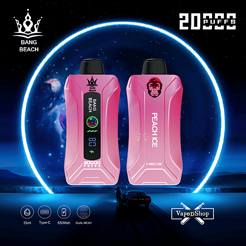 Zwei rosafarbene Vape-Geräte mit den Aufschriften „Bang Beach“ und „Peach Ice“ mit einer Kapazität von 20.000 Zügen, einem 650-mAh-Akku, 35 ml Fassungsvermögen, Dual-Mesh-Technologie und Typ-C-Ladefunktion, präsentiert vor einem futuristischen neonbeleuchteten Hintergrund.