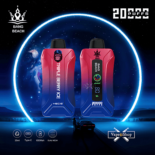 Rote und blaue Vape-Geräte mit der Aufschrift „TRIPLE BERRY ICE“ mit 20.000 Zügen, 35 ml Fassungsvermögen, Typ-C-Ladefunktion, 650 mAh-Akku und Dual-Mesh-Technologie.