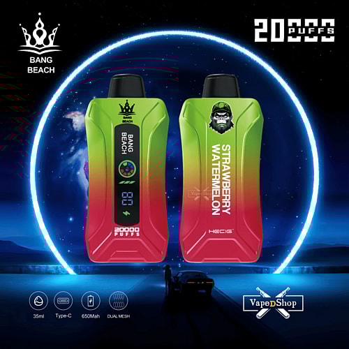 Two green and red vape devices labeled "Bang Beach" and "Strawberry Watermelon" with a gorilla logo, featuring "20,000 puffs," "35ml," "Type-C," "650mAh," and "Dual Mesh" icons, against a cosmic background.